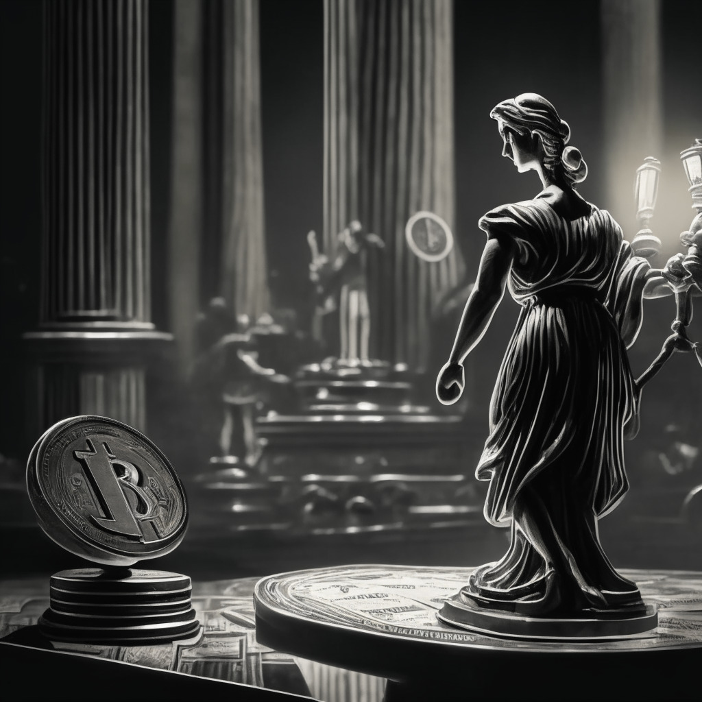 A noir-style scene in a courtroom, a magnifying glass examining a symbolic digital coin representing cryptocurrency. An imposing Statue of Justice in the background, scales tipped slightly. A sepia light setting, creating an atmosphere of tension and intrigue. A labyrinth in the background, depicting regulatory complexity and a tightrope to represent the fine line of regulation.
