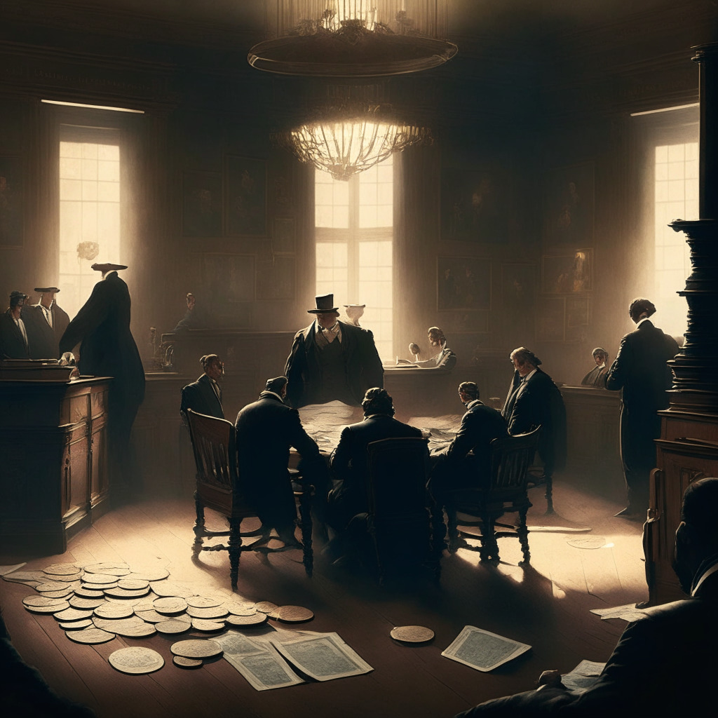 A 19th-century courtroom, suffused with a soft dusk light. The room has a grandeur and an air of measured tension. In the center, a man presumably the former CEO, engaged in intensive discussion with his legal team. A pile of crypto coins symbolises crypto regulations, represent the charges and case, scattered amid legal documents. The mood is intense, sombre but hopeful.