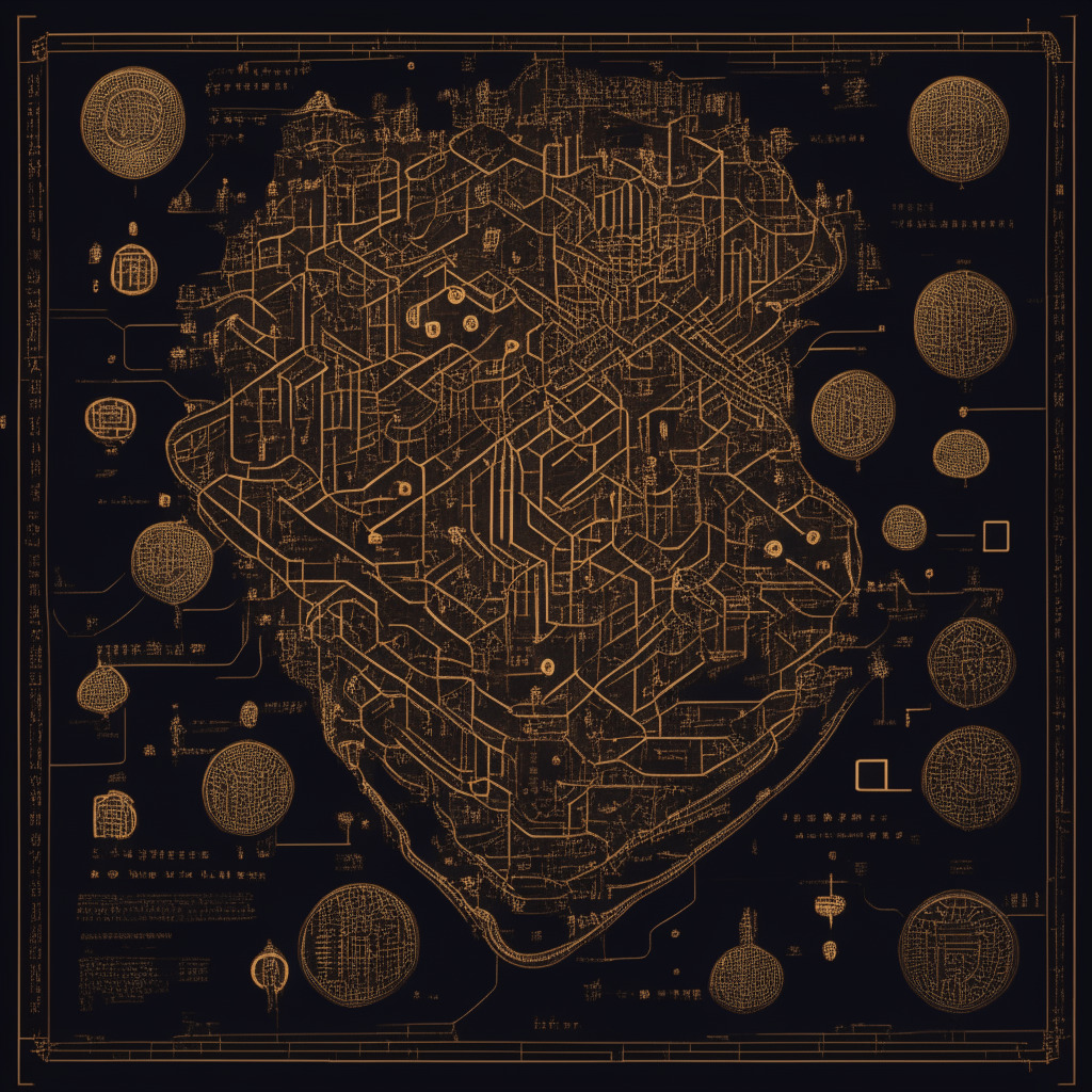 An intricate digital map representing cryptocurrency exchange within Taiwan, light-toned pathways marking regulatory compliance, AML guidelines symbolized by tiny shields along these paths. Stylized in a blend of dark Renaissance and cryptocurrency iconography, setting a mood of complex navigation emerging from shadows towards compliance and expansion.