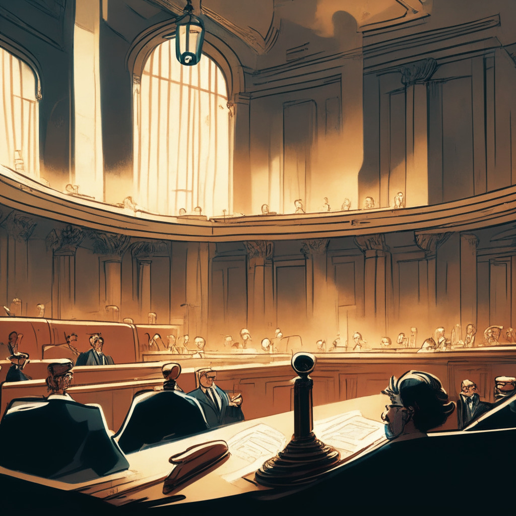 A grand courtroom, lit by soft morning light that spotlights a weighty gavel in the foreground. The atmosphere is charged and tense, full of anticipation. Detailed faces of Ripple Labs representatives and SEC officials display cognizance and concern, their facial expressions mirroring a silent debate. In the midground, a spectacled figure represents an investment banker, lending a sense of somber gravity. The backgrounds hint at intricacies of blockchain imagery with crypto symbols subtly blended in. Stylistically, the image draws upon courtroom drama artworks, but with modern digital elements added. Overall, the mood is cumbersome yet hopeful, capturing the essence of ongoing cryptocurrency regulation debates.