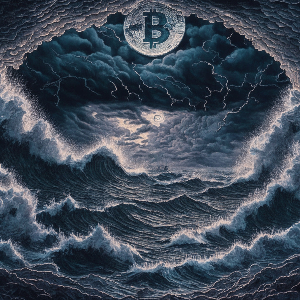 Dramatic, twilight vista of a tumultuous sea symbolizing cryptocurrency market turbulence, waves morphing into Bitcoin & Ethereum coins, palette drawn from cyberpunk aesthetics. Chaos reigns in the center, representing meme coins. Muted silver represents investors, diving into the depths. Mood: tense, ambiguous.