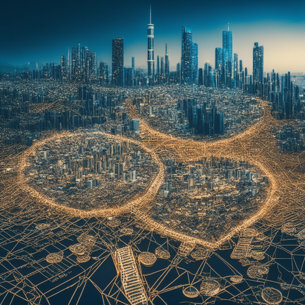 An intricate digital landscape of interconnected blockchains, glowing with numerous tiny coins symbolizing diversity of cryptocurrencies. El Salvador and Central African Republic landmarks faintly visible, interspersed with university buildings. A wide, under-construction road symbolizes crypto infrastructure, with roadblocks representing challenges. Dubai’s skyline and Hong Kong's harbor indicate progressive regulation, while faint outlines of coins bridging gaps denote interoperability projects. In a futuristic, pointillist style, under a soft, hopeful light setting suggesting wary optimism towards mainstream crypto adoption.