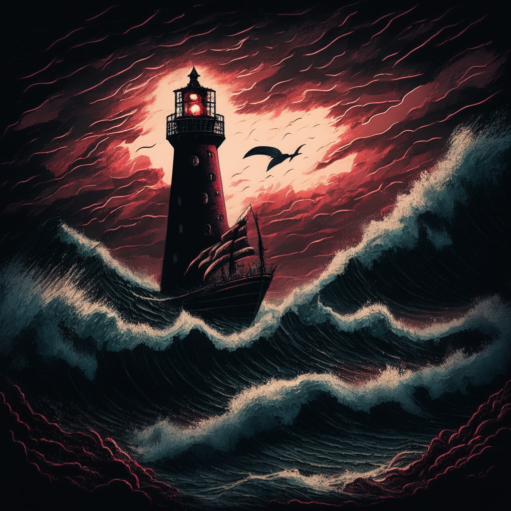 Vintage-style, tumultuous seascape at twilight, crimson hues adding ominous undertones. Feature a rocking boat amid swirling waves, symbolic of RNDR's tumultuous journey. In contrast, depict a lighthouse beam (XRP20) cutting through the darkness, shining brightly upon a utopian distant shore.