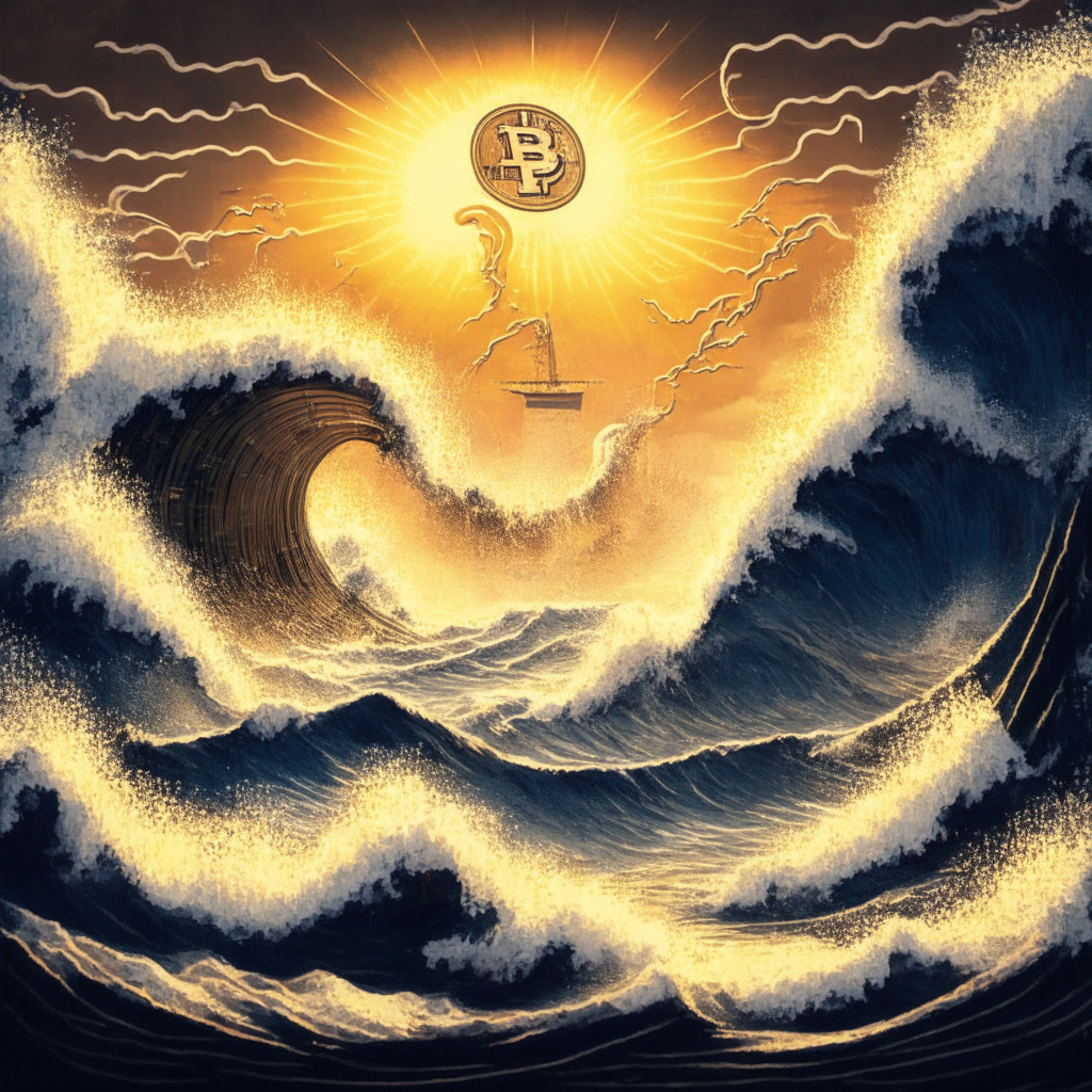 A dramatic scene depicting a sea stormed by tempestuous waves on the left side, representing the volatile crypto market. The sun rises on the right, casting a golden optimistic light, showing hopeful trends in Bitcoin and Ethereum. In the center, small roller coaster peaks symbolize the high-low fluctuation of meme coins. The scene emits a stylistic mix of realism and impressionism capturing investor optimism while empathizing with their risky journey.