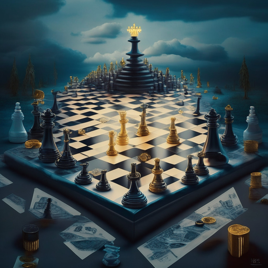 A surreal interpretation of a financial landscape shifting under the weight of new crypto regulations. A display of a grand chessboard with crypto-inspired pieces, illustrating the strategic challenge at play. Set in a twilight setting, the mood is tense yet promising. Essential elements include representations of money laundering prevention measures, intertwined with the feeling of uncertainty, signifying industry fears. Subtle hues of metallic blue and gray should dominate, illustrating the chill of regulation, but tiny sparks of golden light peek, symbolizing the persistent aspiration in the crypto world. Please add an artistic note of European Gothic style to emphasize the gravity and complexity of the situation.