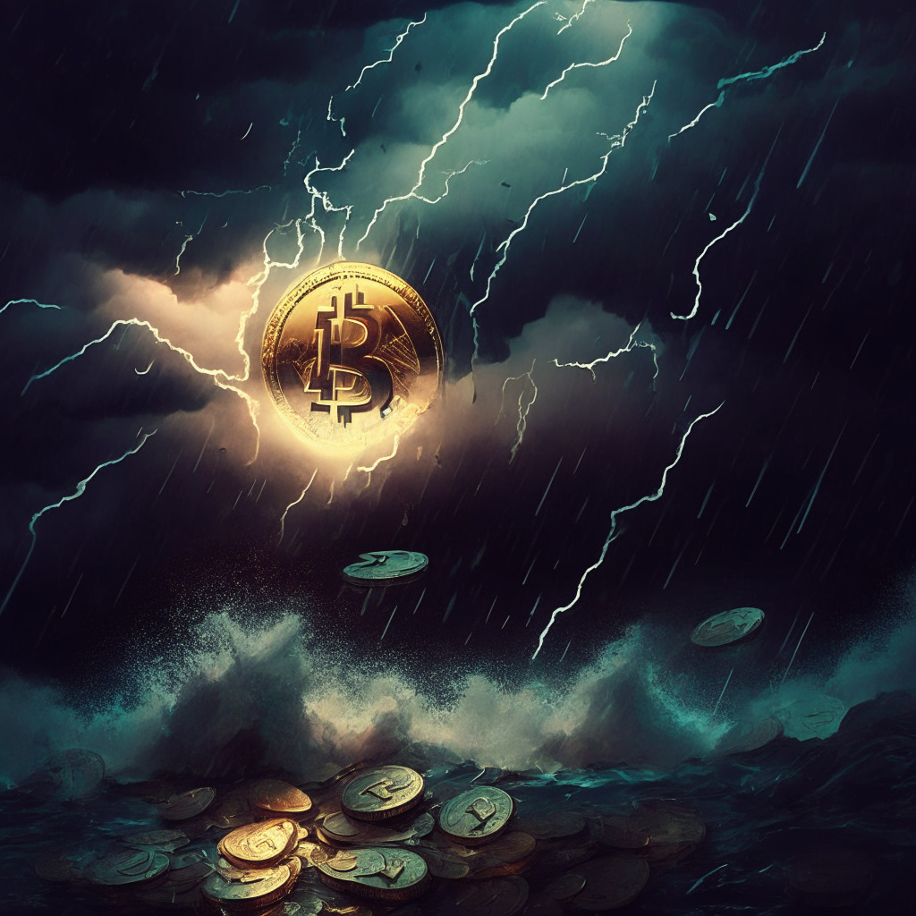 A stormy financial landscape, digital dollars floating amidst a volatile gust, variegated hues of uncertainty. Light emergent, symbolizing push for regulation. Dark, unstable coins signify volatile market, a 'safe haven' stablecoin bathed in soft light signifying hope. Mood: Dynamic tension, anticipation, and promise of stability.