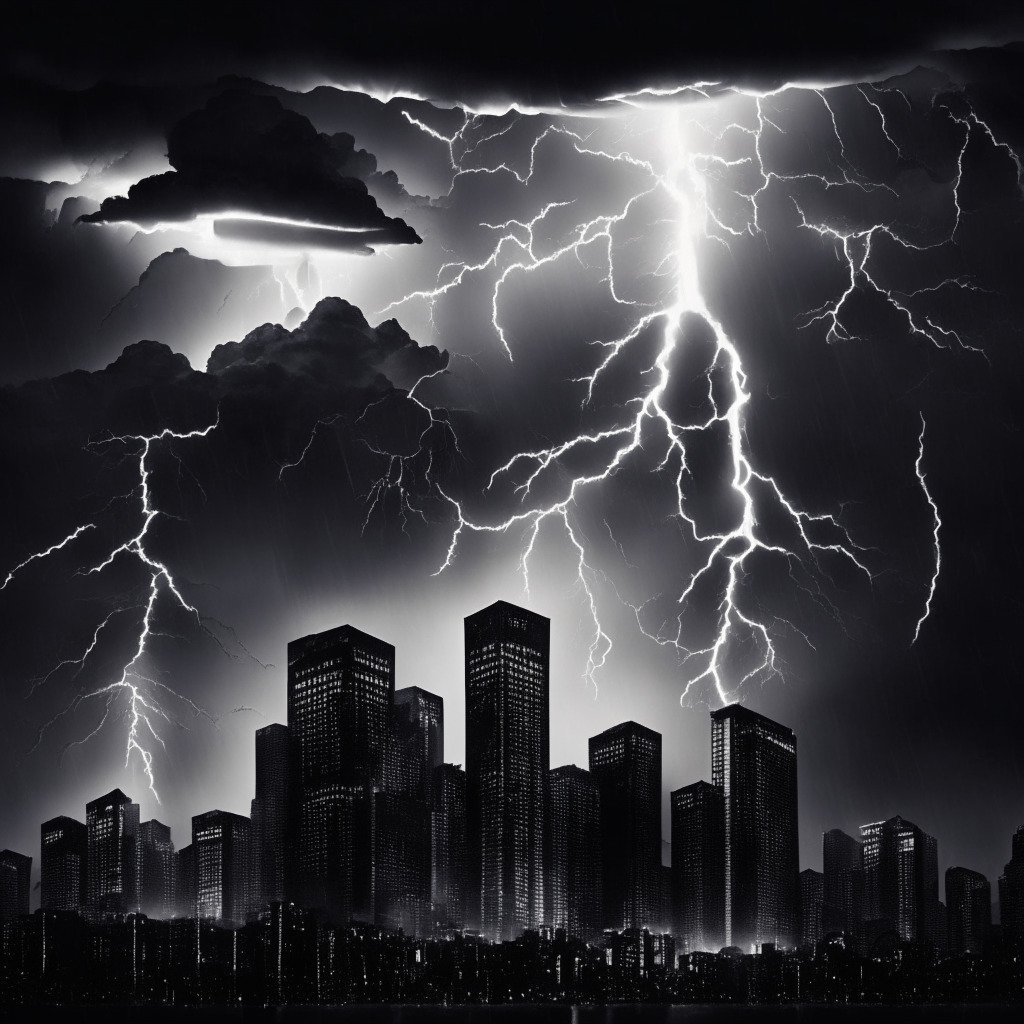 Visualize a stormy financial landscape, marked by lightning bolts (representing crypto volatility) and dark, imposing skyscrapers symbolizing major cryptocurrency players like Grayscale and Evergrande. Infuse the scene with surrealism to underscore the unpredictable nature of the market. Include hopeful rays of sunlight piercing the stormy clouds, illustrating potential gains amidst crises. The image should have a chiaroscuro effect, with rich shadows lending a dramatic intensity. The mood should be tense, reflective of the current state of the crypto world.