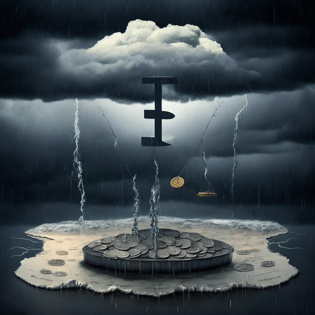 A stormy financial landscape under a grey, turbulent sky, representing turmoil in Decentralized Finance (DeFi). A balancing scale in the center signifies the precarious balance of risk and reward with large amounts of digital currency tokens in one pan, contrasted by an empty pan on the other, symbolizing zero-value Loan-to-Value (LTV) ratio proposal. A taut tightrope running above the scale depicts the delicate ecosystem. Shadowy figures representing industry players try to steady the scale, suggesting a lifeline provided to restore balance. The painting should embody a sense of tension, with a muted color palette and dramatic chiaroscuro lighting to create a mood of uncertainty and apprehension.