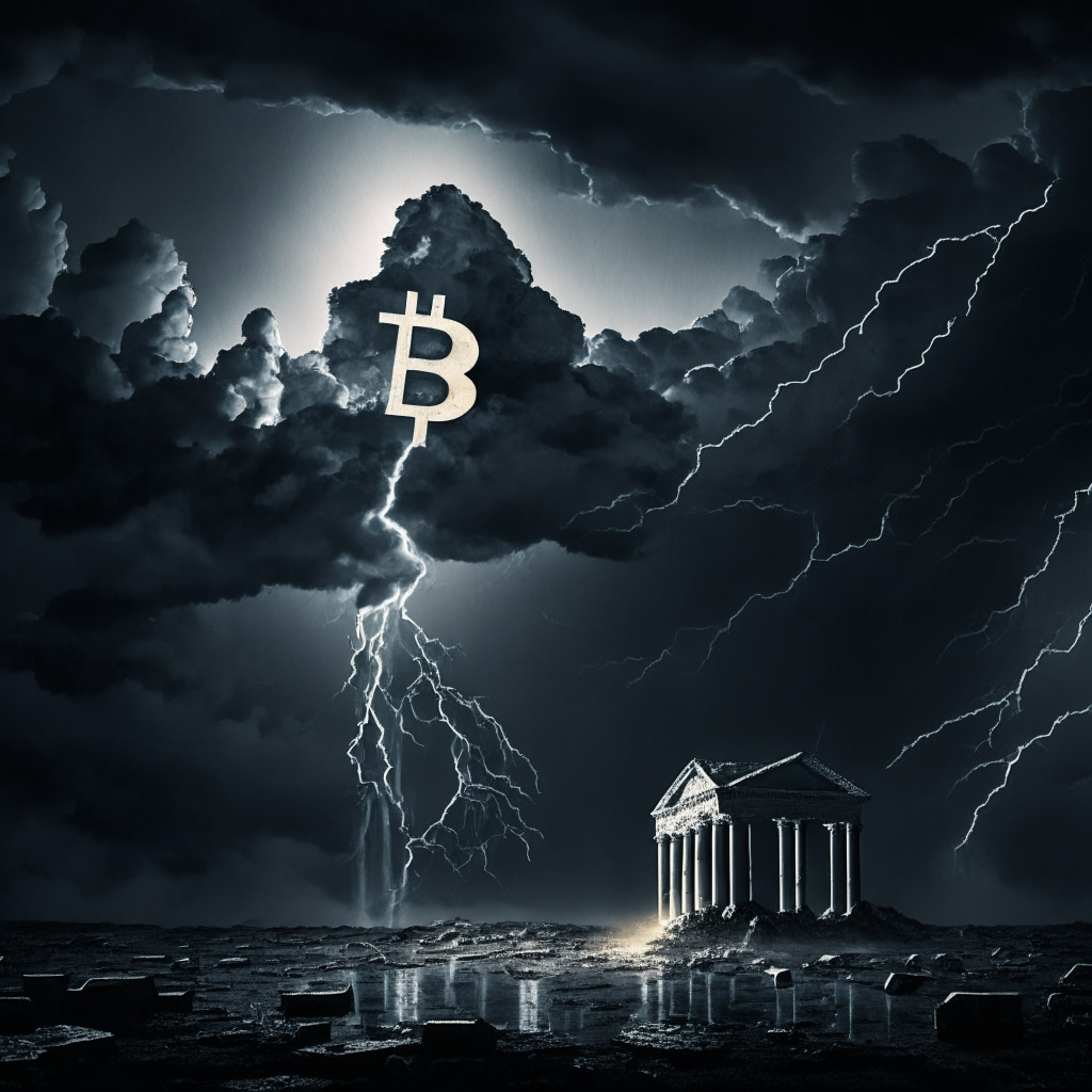 A desolate financial landscape, stormy skies indicative of an unstable crypto market, Bitcoin symbol looming enormous and slightly shadowed, reflecting its current precarious position. Light streaks from stormy clouds hint the unpredictability, portraying a sense of anticipation, uncertainty, and risk. The style should evoke baroque grandeur to convey high stakes involved. The image should appear dark brooding, under low light to encapsulate the market's uneasy sentiment.