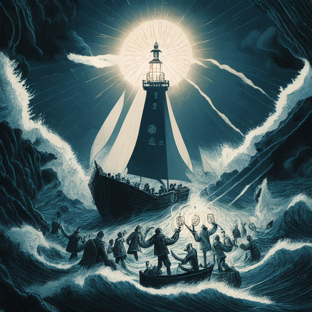 An intricate scene depicting a crypto community navigating stormy seas representing the new proposed treasury tax rules, with details of the defiant DeFi leaders caught in a vortex of controversy. A beacon light symbolizing the promise of better engagement with digital assets is in the horizon against the imposing backdrop of a regulatory fortress. Style: Expressive and dramatic, Light: Muted suggesting uncertainty, Mood: Tense yet optimistic.