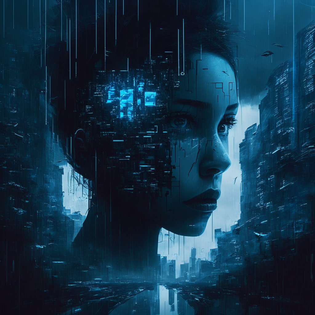 A digital storm brewing inside a futuristic metropolis, a mix of worried and calm faces seen on screens displaying users' data, shades of deep gray and piercing electric blue. Haze and a sense of danger permeate, a grim reminder of the fragile state of cybersecurity.