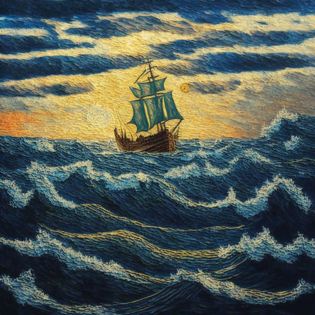 Stormy seascape at sunset, waves representing XRP's market fluctuations. A majestic ship signifies the resilience of the cryptocurrency, navigating through tumultuous waters, spotlight on its $0.51 anchor. A fresh breeze brings new tokens, symbolizing diversification, highlighting the promise of LPX token amidst the emerging Moon. Artistic elements in Van Gogh's style, strands of light signifying hope amidst uncertainty.