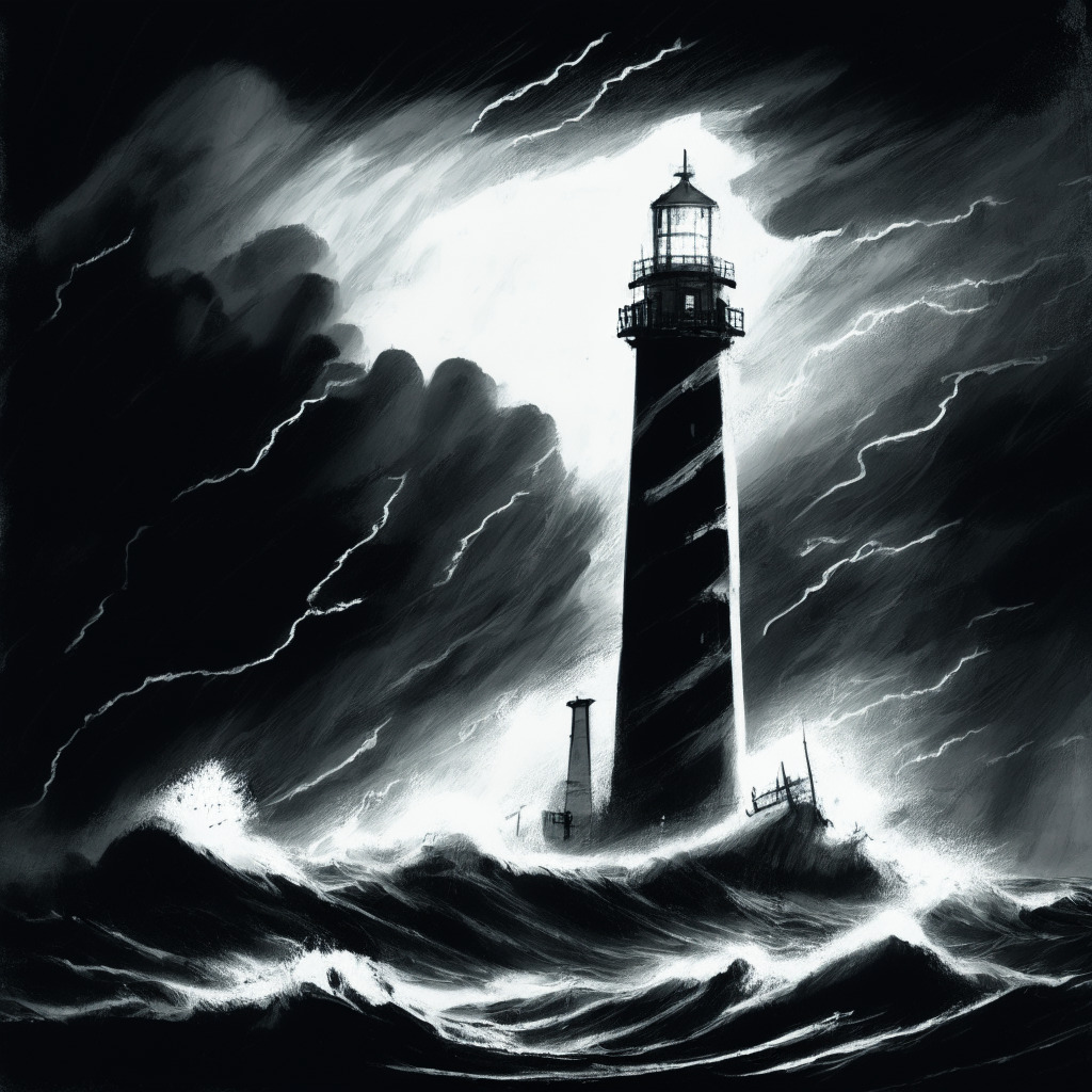 A tumultuous sea symbolizing the volatile digital asset landscape, punctuated by sturdy boats representing prominent figures and ventures. A bright lighthouse portrays the Tel Aviv Stock Exchange's promising advances, casting hopeful light amidst encroaching, ominous storm clouds of regulatory scrutiny. This image, sketched in a bold, chiaroscuro style, captures a turbulent yet hopeful mood.