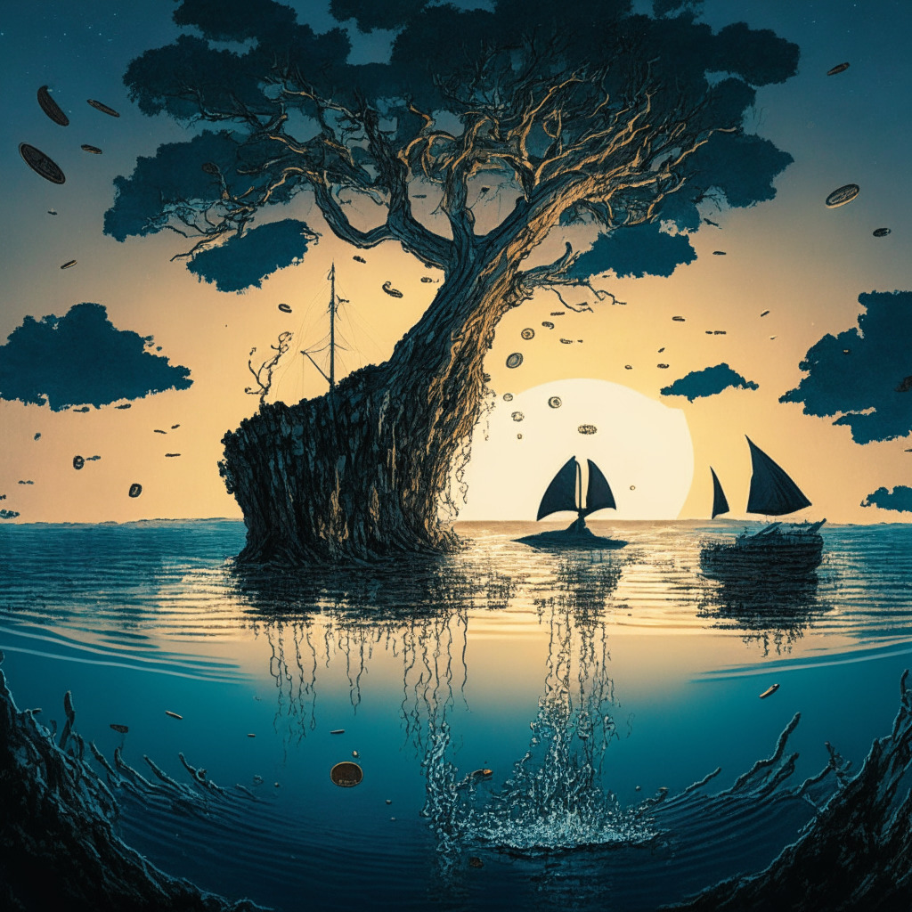A scene at dusk with a mixed metaphorical representation of the crypto market, A large ship labeled 'Crypto Market' navigating choppy waters, Ethereum Logo in the sky starting to set. Bitcoin coins sinking, a symbol of Bitcoin ETF losing momentum. Ripple coins thriving, floating above water. A stunted tree losing its leaves representing the bear state of NFTs. A cracked fortress representing DeFi security vulnerabilities. A small hill with robust trees flourishing, representing stocks of publicly traded crypto companies. The mood is conflicting, serene yet cautious uprising.