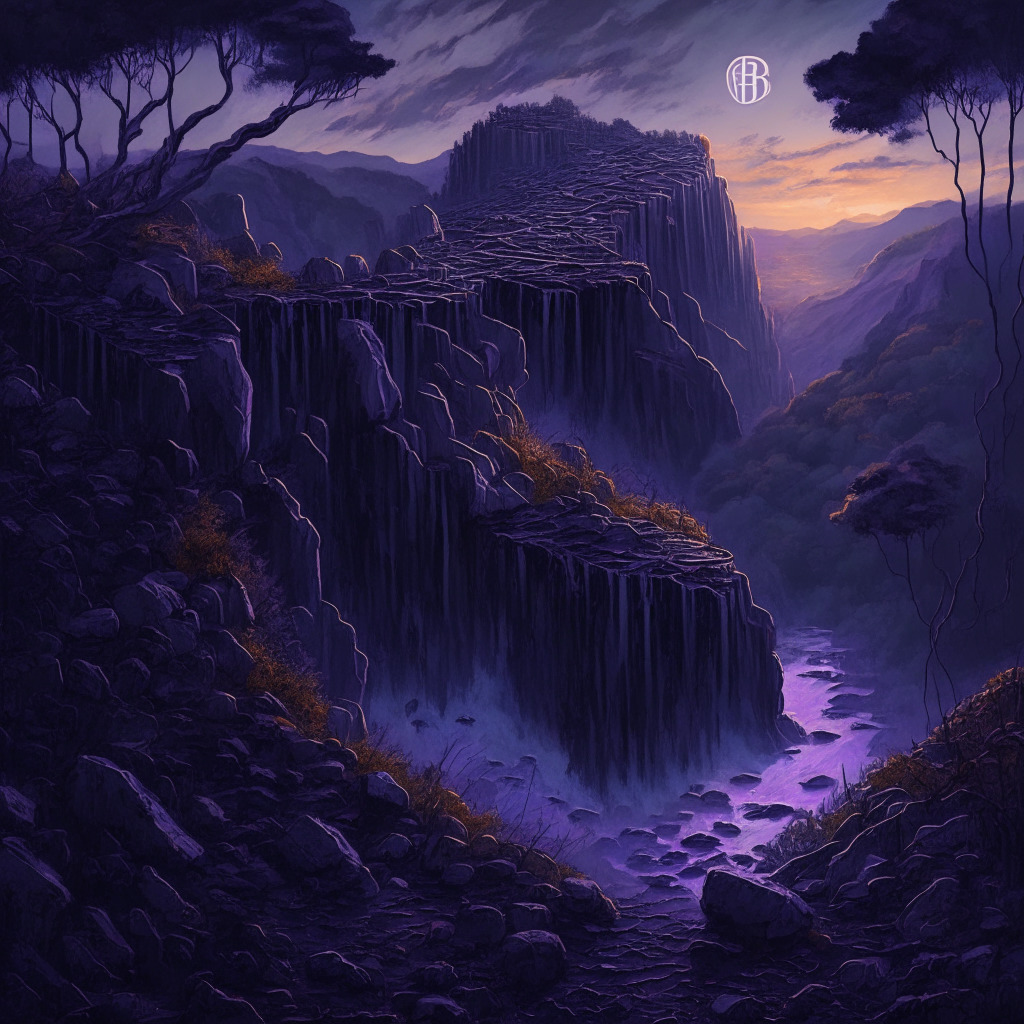 Dusk setting over a vast, undulating cryptocurrency landscape, Bitcoin and Ether represented as structures, teetering precariously on the edge of a deep ravine. Altcoins are portrayed as falling leaves in the background. The scene is steeped in a mood of anticipation and uncertainty, portrayed in somber hues of twilight blues and purples. The painting style is reminiscent of surrealism, with an emphasis on metaphorical depictions.
