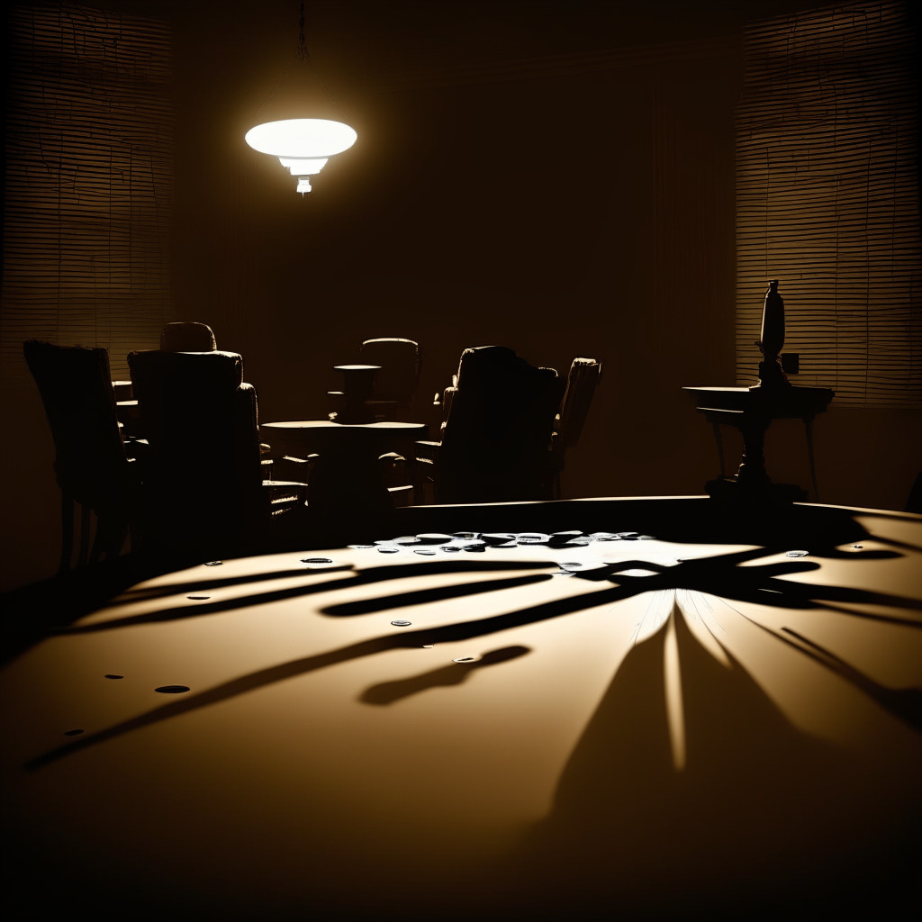 A dimly lit, noir-style conference room marred by shadows, evoking a sombre, tense, and enigmatic mood. At the center, a glossy mahogany table laden with scattered cryptocurrencies, highlighted by a weak beam of light from a lone lamp. In the foreground, an illusionary silhouette, embroiled in controversy and associated with deception: Richard Heart. Each corner of the room is subtly tinged with hues of red, signaling danger and alert, leaning into the theme of finance, investigation, and crypto scandal. A storm brewing outside the window adds an element of turbulence, mirroring both the emotional atmosphere and the article's title.