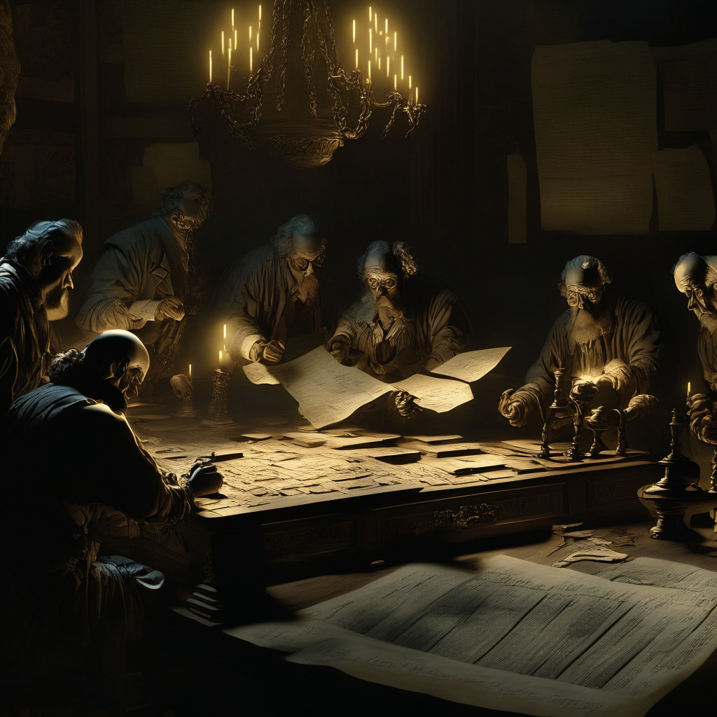 A scene from a federal treasury amidst debate over Crypto regulations. Using a chiaroscuro lighting technique, highlight a meticulously carved wood desk, scattered with complex tax forms. The mood is tense yet reflective, captured through a Rembrandt-inspired art style. Include visual metaphors of control, such as large oversized chains draped over a digital asset, embodying a looming regulatory presence. Contrast this with the imagery of a broken chain, lying in the corner, symbolizing the spirit of crypto's decentralization.