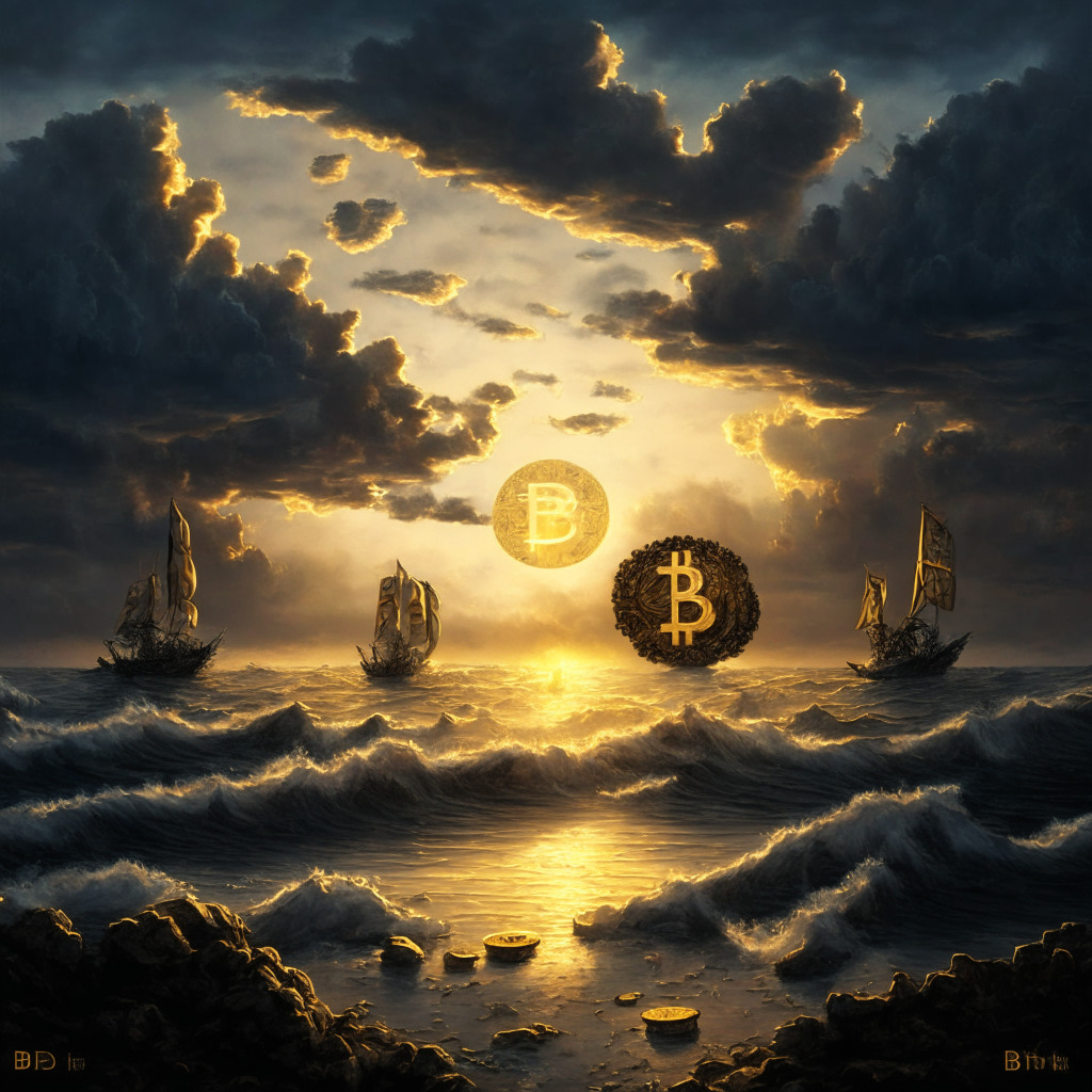 Depict a digital battleground, invoking Baroque sensibilities, with cloudy twilight, giving it a mysterious flair. Show Bitcoin miners, symbolizing Riot Platforms, strategically placed on a volatile seascape, capturing the fluctuating cryptocurrency market. Integrate a rising sun and a setting moon, portraying their reduced losses and increased production. Layer the scene with a subtle golden glow to reflect the promise and uncertainty in this high-stake digital race.