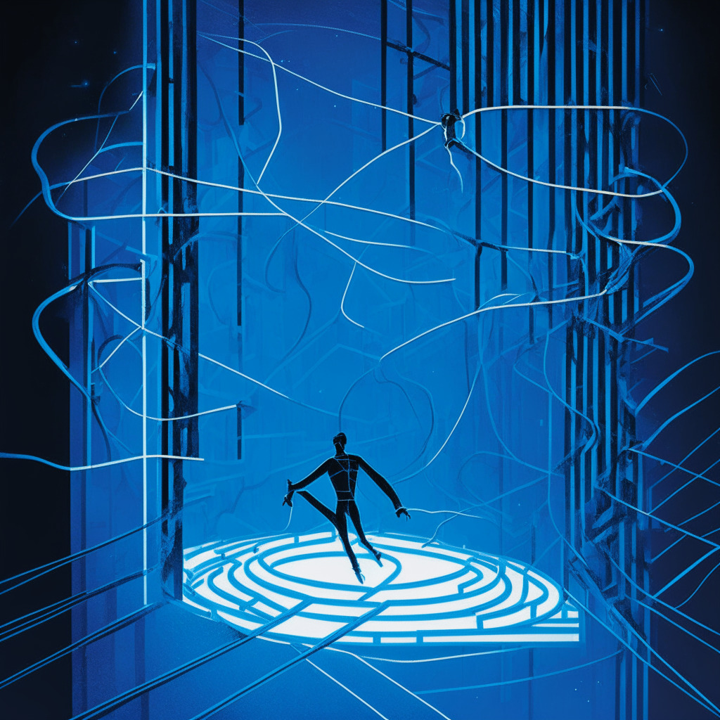 An abstract illustration of a tightrope walker balanced on a thin wire symbolizing Google navigating the complex realm of the EU's Digital Services Act. The environment around him is a surreal, labyrinth-like maze, representing the intricate challenges. The light source emanates from a futuristic, symbolizing technological advancement. The palette is a mix of cool blues and cyberspace neon, capturing a mood of uncertainty and seriousness. The style imitates the precision and nuance of Cubism. The walker holds equally weighted scales of justice depicting balance between creativity, safety, and accountability.