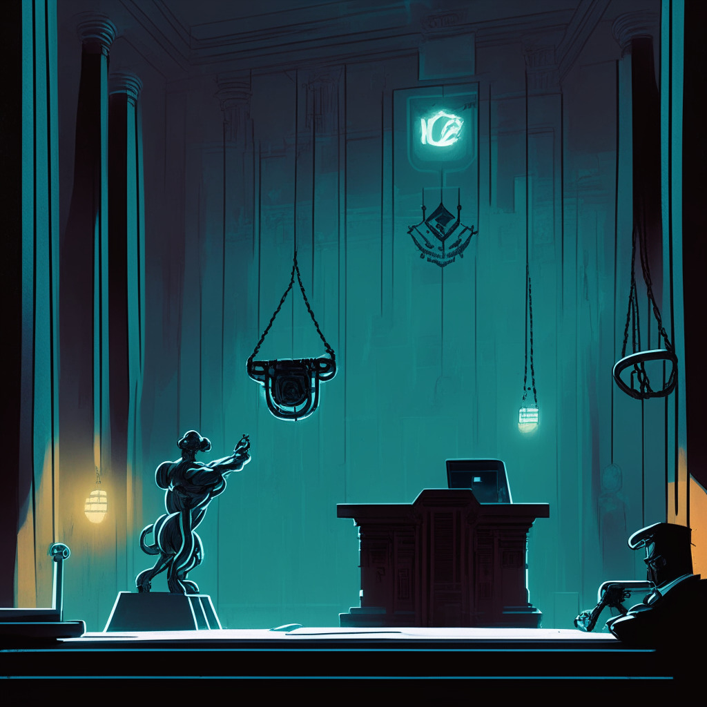 A moodily lit courtroom, a judge's gavel imposingly hanging mid-air, cybernetic shackles symbolizing the constraints of crypto regulation. In the dim background, a figure hunched over a laptop, reflecting the struggle of innovation against the tightening grips of regulations. Art style: Neo-gothic, Light setting: Dusky, feeling of claustrophobia and intrigue.