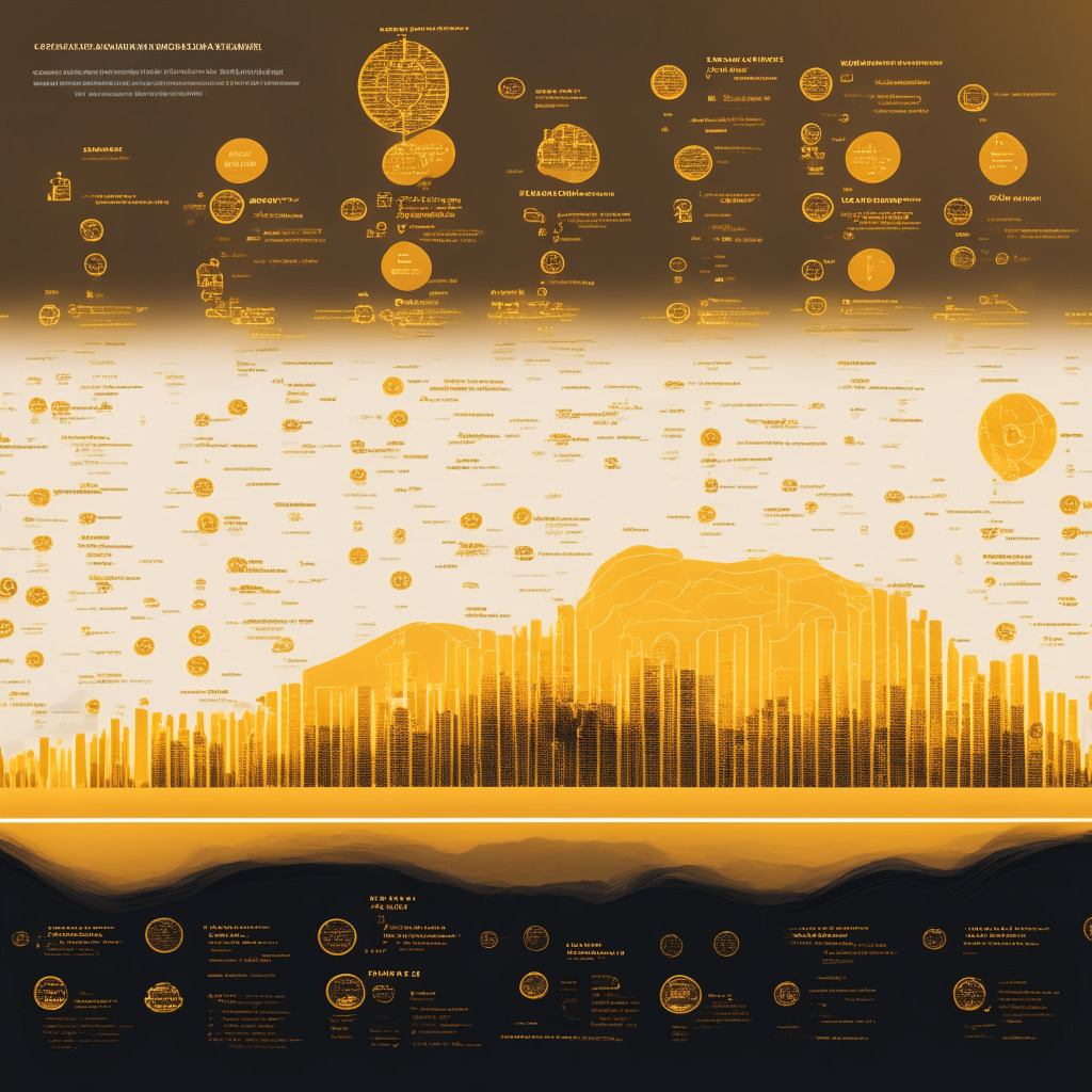 A panoramic financial landscape view, bathed in the soft golden hue of dusk showing the tangible and intangible assets such as properties and cryptocurrencies tokenized through blockchain technology. A clear view of different organizations tokens translating to renowned corporation shares, natural resources and digital economy. Each indicator representing a wave signifying the tokenization wave, with the mood hinting at a calm yet dynamic transformation.