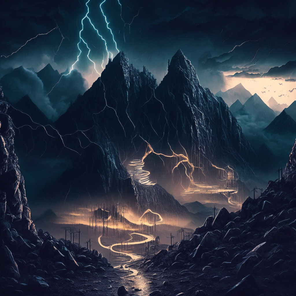A stormy financial landscape at dusk, highlighting a perilous path through rugged mountains, symbolizing the banking sector, leading towards a glowing digital-currency oasis. The image exhibits a neo-futuristic style reflecting intricacy and ambiguity of crypto-assets. The overall mood depicts an atmosphere of anticipation and caution.