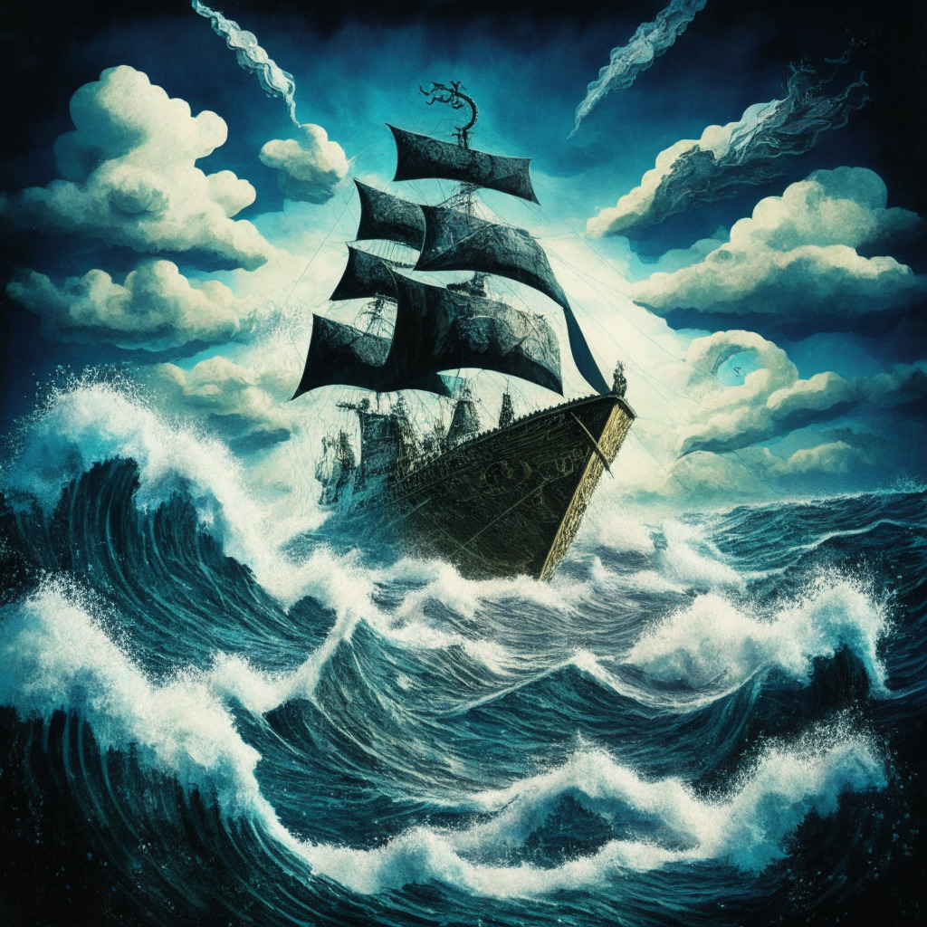 Surrealist style image featuring a turbulent sea to symbolize the tumultuous crypto market, a large ship labelled 'Digital Currency Group' navigating the waves, new captain at the helm aligns with symbol of incoming CFO. In the distance, scales of justice sit on an island to represent legal battles, rays of light breaking through stormy clouds signify rising revenues. Mood: Intense, Cloudy, Dynamic.