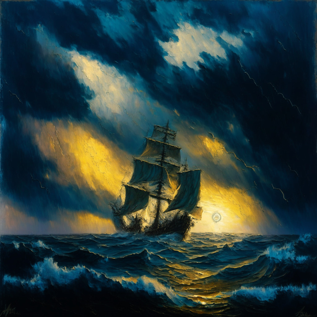An impressionistic painting of a tempestuous sea under a hazy twilight sky, symbolizing the volatility and uncertainty of the cryptocurrency market. A colossal ship with 'DCG' painted on it, sailing confidently amidst dark, towering waves, signifies hope and risky navigation. Chains of golden coins submerged under the stormy waves portray the potential rewards amidst risk.