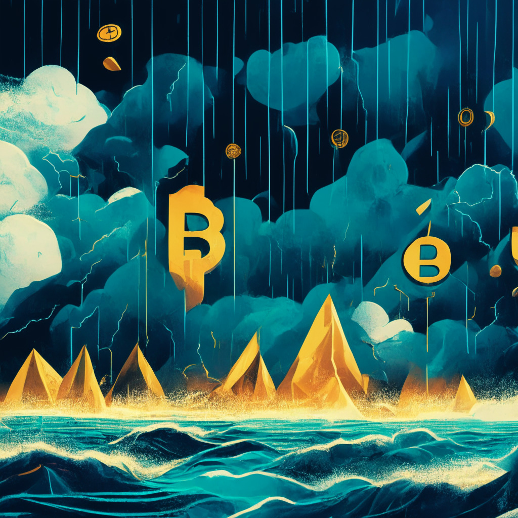 An abstract financial landscape under a tumultuous, stormy sky. Different cryptocurrencies represented as floating islands, the largest one reflecting Bitcoin's uncertainty. Ether details appear slightly dimmer indicating bearish sentiments. Binance Coin with signs of resistance, XRP exhibiting a falling trajectory. Pops of color for altcoins, some experiencing upswings. Light setting is dim and moody, highlighting the market's unpredictability. Artistic style, impressionistic.