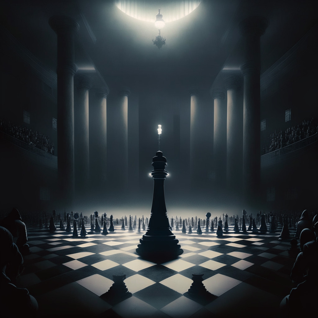 A dimly lit, Chess-themed grand hall, reflecting apprehension and uncertainty. A large Bitcoin symbol as a central chess piece on the verge of being toppled. A crowd of chess pieces representing various corporations in muted shades, awaiting motion. A looming, cloudy sky symbolizing regulatory changes, softly lit by the pale moon.