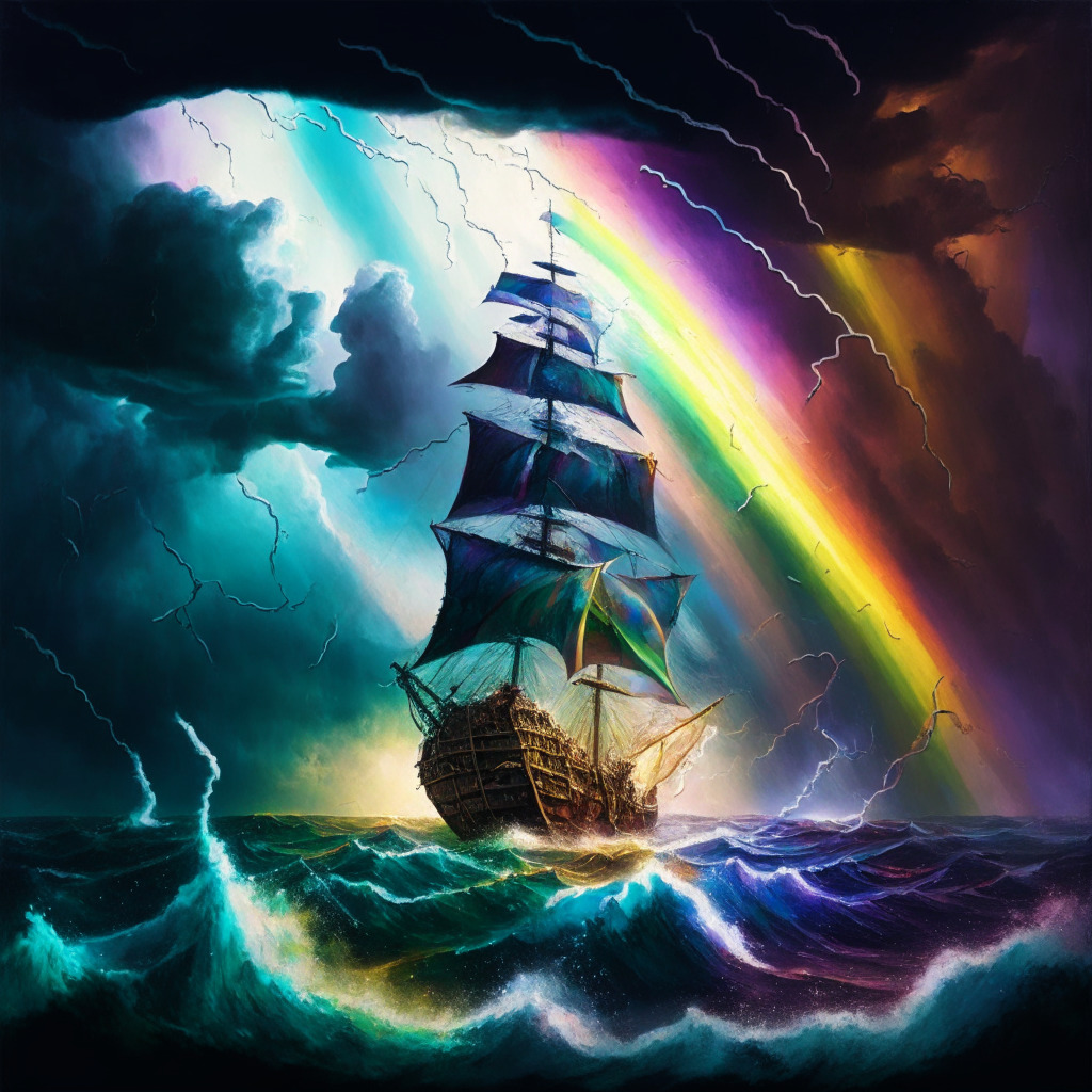An artistically stylized scene of turbulent seas under a stormy sky, The lightning acting as a symbolic illumination of the uncertainties surrounding the crypto world, A ship in the center bearing 'DeFi' on its sails wrestling with the tempest. In the background, a dramatic rainbow promises hope, representing the world's metaphorical optimism of a more innovative financial landscape.