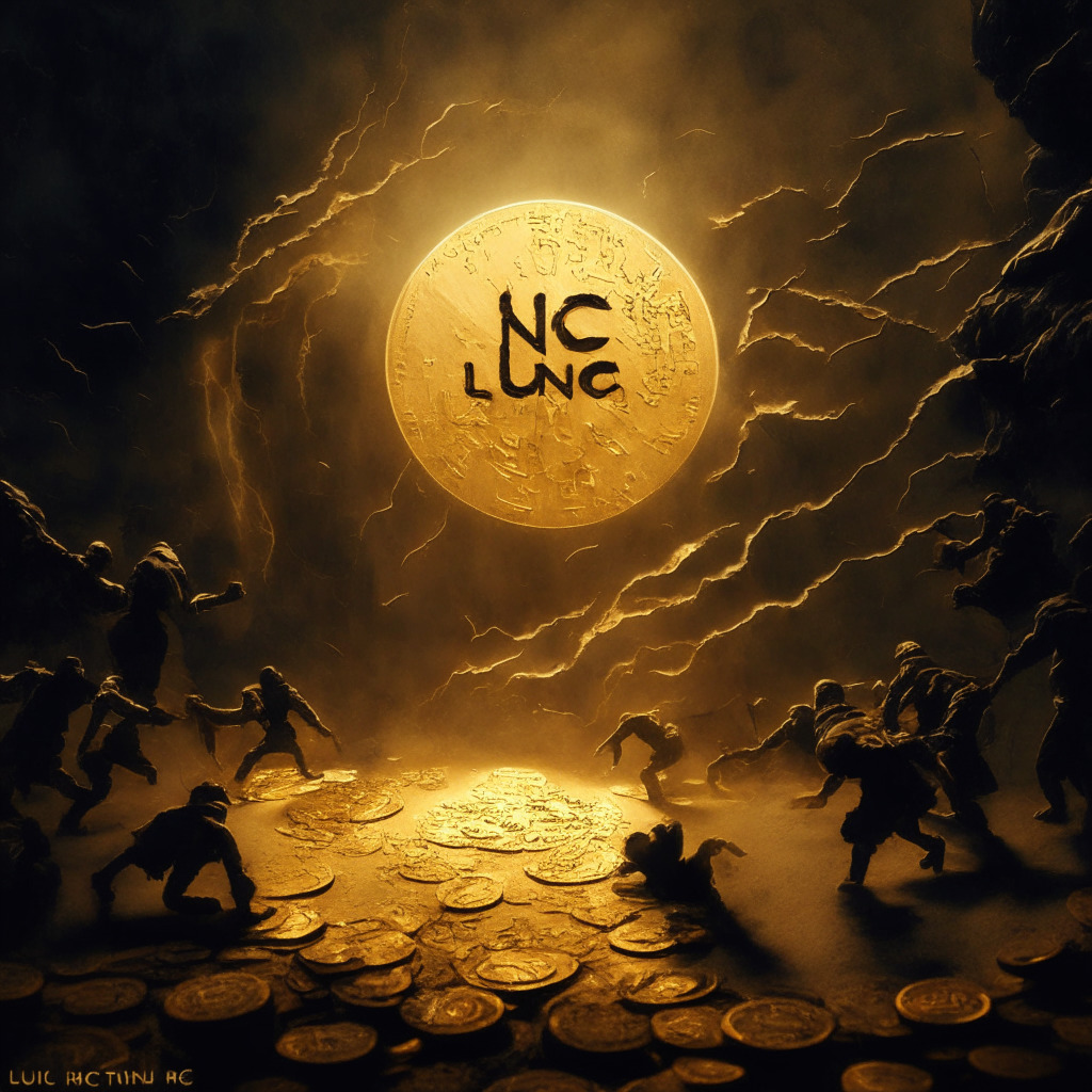 An image capturing the essence of a tumultuous cryptocurrency market struggle. Foreground: A dimly lit, tumbling gold coin with 'LUNC' inscribed, symbolising the Luna Terra Classic altcoin in decline. Midground: Visible community division, portrayed by contrasting characters engaged in a tug-of-war. Background: A looming shadowy breach symbolises potential threats. Everything rendered in cubist style to reflect fragmented community. High contrast and sombre tones convey the undercurrent of uncertainty and apprehension.