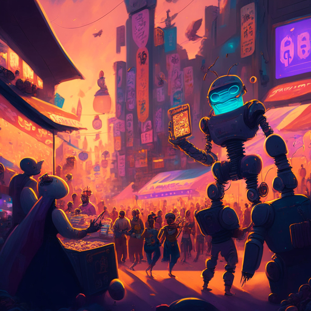 Vibrant market scene at dusk, bustling with lively humanoid bots performing various trading activities. To the left, a rocket—named BOT—makes a precipitous descent. To the right, a wave crests, with coins bearing humorous faces riding the surge. Mood: Exhilarating anxiety of entering a volatile market injected with humorous undertones.