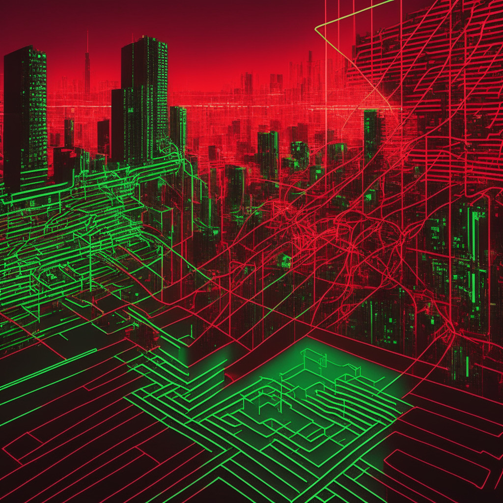 Imaginary futuristic cityscape at dusk, cyberpunk style, depicting the complex world of blockchain. Smart contracts, shown as grid lines converging into a secure lock, problem areas marked in bright red, solutions represented by solid, green lines. Light is diffused, casting mysterious shadows, symbolizing challenges and unknown security threats, lights reflecting off of monolithic structures signify optimism and vigilance. Mood: tense yet hopeful.