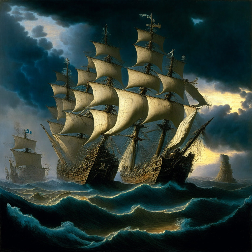 A detailed 19th-century maritime painting of an ancient galley, symbolizing the Bank of England, navigating stormy seas representing the cryptocurrency world. The ship is crewed by diverse figures representing specialists across multiple disciplines like law, science, and economics. The overall sense is of careful exploration under a twilight sky, with wide-open ocean and the glimmer of a digital pound-shaped lighthouse in the distance, guiding them. The mood is optimistic yet somber, lit with the soft hues of a setting sun and mixed with stormy clouds, highlighting the challenges and promise of the new digital era.