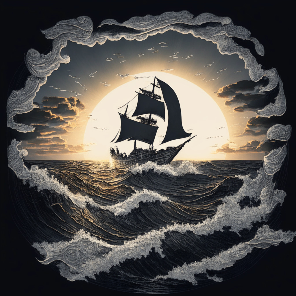 A tempestuous ocean at dusk, symbolizing cryptocurrency market turbulence, with a lone ship labeled 'SHIB' navigating choppy waters, highlighting the overall market slip. In the sky, a silver lining emerging, illustrating the resilience and potential recovery of SHIB. A rising sun resembling a coin, portrays a promising new token. The style is reminiscent of Romanticism, full of drama and emotion.