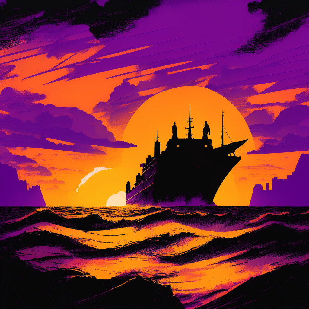 Sunrise punctuating a dark sky, symbolizing a new start with vibrant colors of purple, orange, and yellow. A businessman confidently steering a massive ship through rocky, turbulent waters, representing both challenge and tenacity. Over the horizon, a silhouette of modern, sprawling data-centers, indicating the industry's future potential. The mood is intense, bordering on the hopeful, in a realistic art style.