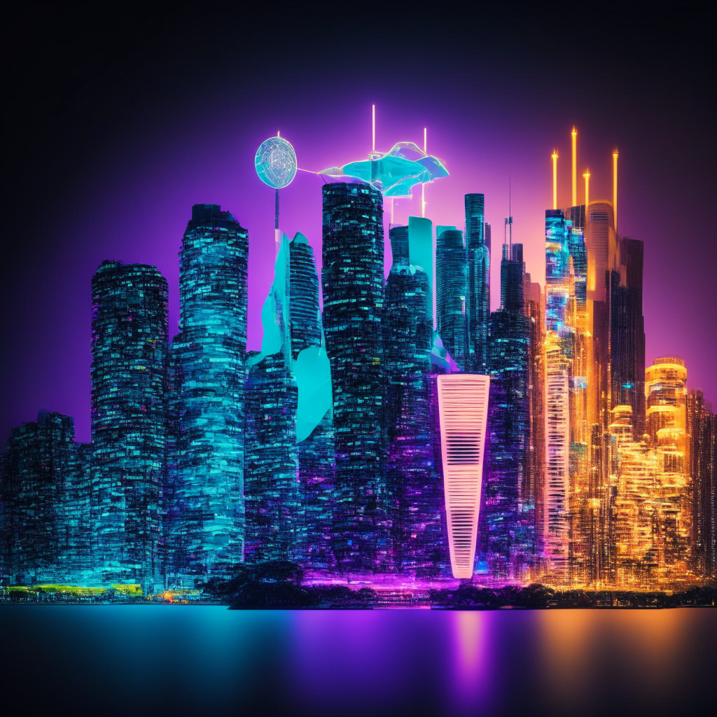 An abstract cityscape of Singapore at dusk, highlighted in techno neon hues to symbolize the future of cryptocurrency, a few prominent buildings shimmering in the form of currency symbols including the Singaporean dollar, U.S. dollar, euro, and British pound. Balancing the landscape, a large scale and an innovative light bulb, representing the tensions between investor protection and innovation. The scene exudes a mood of mystery and anticipation.