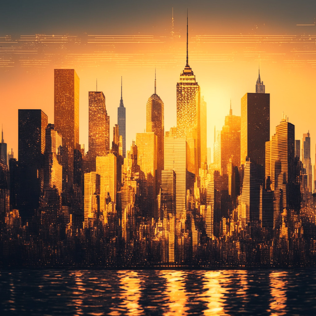 A dynamic New York cityscape under golden twilight hues, Blockchain structures interspersed among the iconic skyline, symbolizing the rapid crypto adoption. Citizens, symbolized as diverse array of ones and zeros, interacting with crypto-based businesses, fashion brands, and artists immersed in creation. Mood: Optimistic revolution under a crypto-friendly NY legal environment.