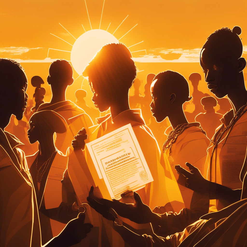 African sunset casting mellow orange hues, symbolic Blockchain chains entwining around official certificates, creating a transparent shield. A crowd of diverse young adults, mirrored in the golden light, holding these verified NYSC certificates. Subtle undertones of impending technology challenges casting elongated shadows, evoking anticipation yet uncertainty.