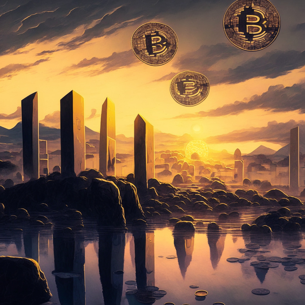 A surreal depiction of crossed cryptocurrencies floating above Nigerian landscape at dusk, rendered in an expressionist art style. The ethereal glow of the setting sun casts long, dramatic shadows, representing caution and uncertainty. Central bank and traditional buildings coexist with futuristic structures symbolizing digital technology, hinting at a delicate balance. Deflated eNaira coins are scattered, denoting nascent adoption, while a red 'stop' sign indicates regulatory intervention.