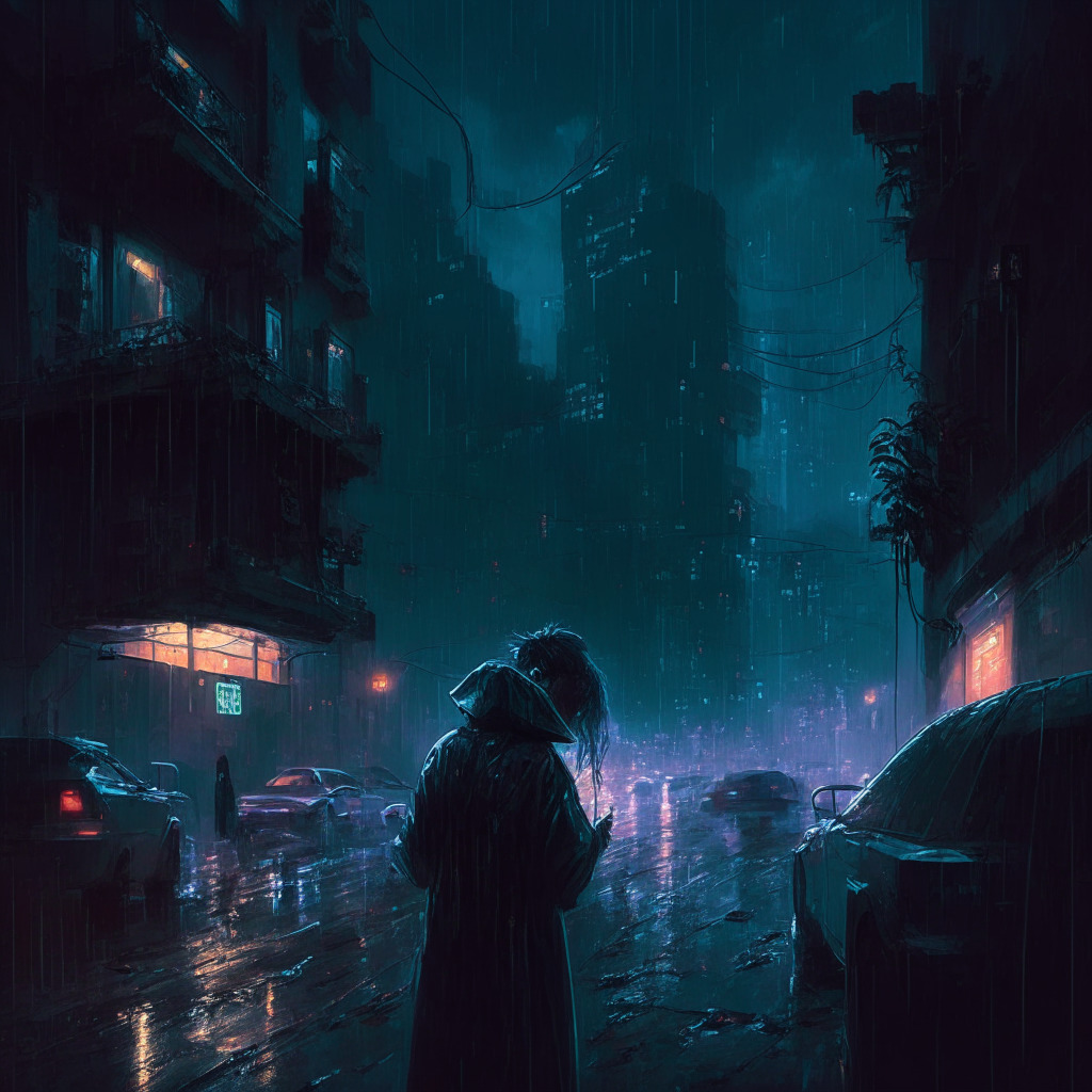 Dark, cyberpunk cityscape in stormy twilight, North Korean hackers in shadowy alleys, typing furiously on holographic keyboards, chains of glowing digital code weaving in the air. Bitcoin icons, swirling around like fallen leaves. FBI agents tracking invisible trails across the globe. Conflicting emotions of dread and excitement. Painting-like, chiaroscuro lighting.