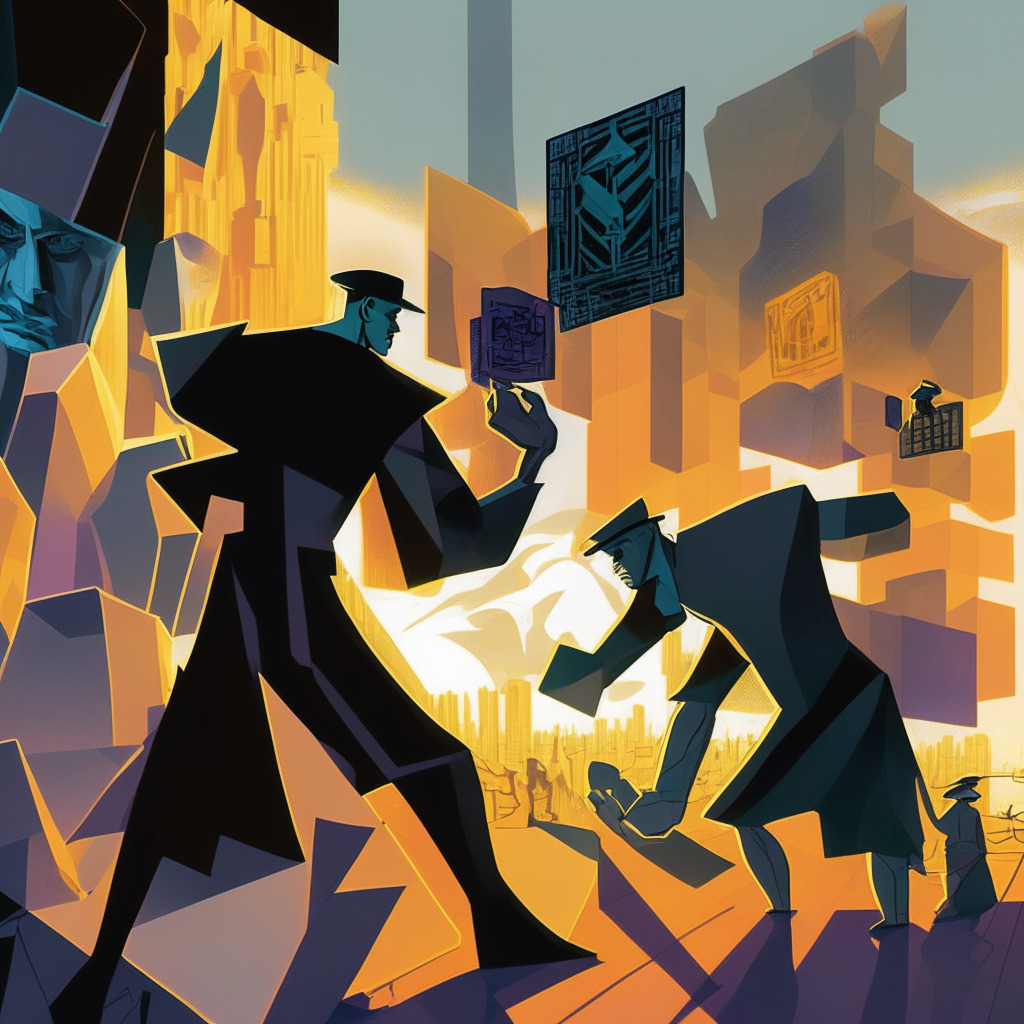 A digital art scene depicting a symbolic hacking battle, inspired by cubism. In the foreground, a shadowy figure with six Bitcoin wallets, representing North Korea's Lazarus Group. In the background, a towering, transparent structure reflecting blockchain technology's light, creating a sunset ambience. The painting mood shall be one of tension and resilience, illustrating the duel shaping crypto-security in a world filled with uncertainty and exploits.