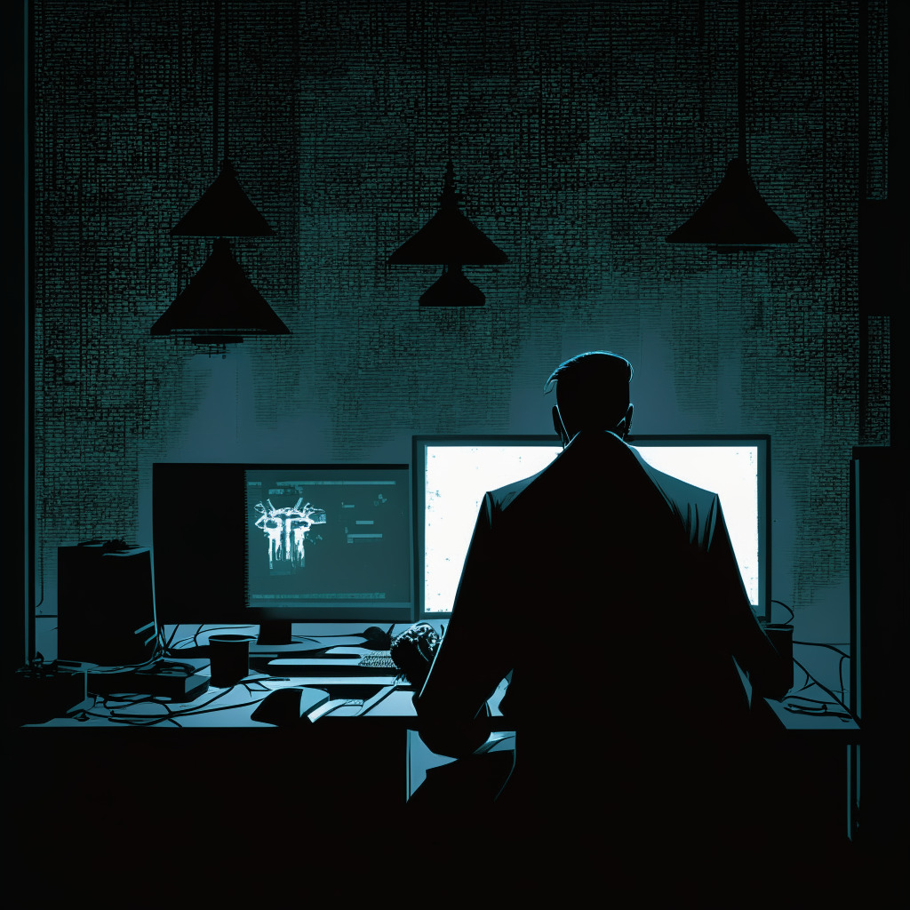 A noir style scene of a shadowy figure scheming on a computer in a dimly lit room, the glowing screen revealing complex blockchain codes, the embodiment of North Korean cybercriminal activity. Mood is tense, filled with suspense. In the background, subtle illustrative elements symbolizing multi-stage money laundering in the cryptocurrency world.