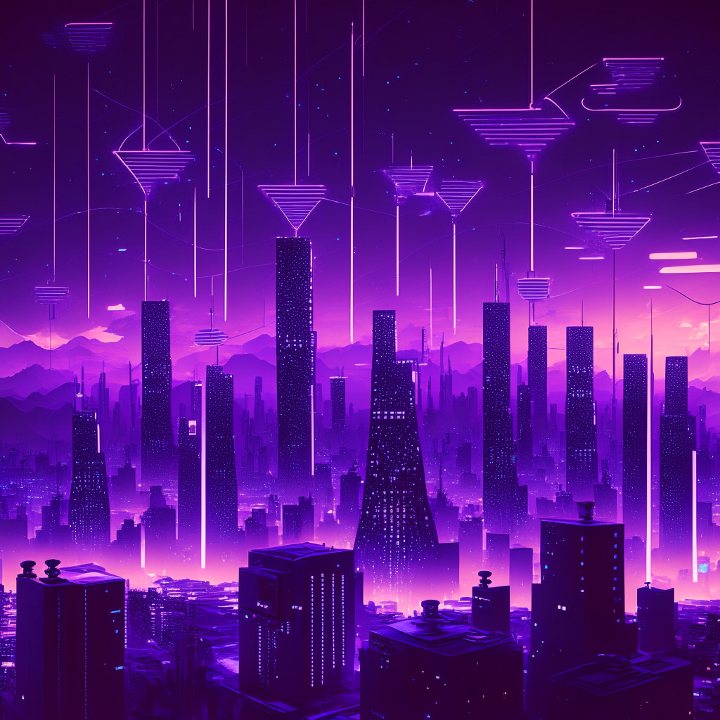 A futuristic cityscape at dusk, marked by glowing 5G antennas, shimmering blockchain symbols, and holographic screens showcasing unlimited data, all against a richly warm purple and blue sky. The scene exudes an inquisitive ambiance with tech-infused Neo-noir aesthetic, hinting towards an upcoming revolution in telecommunication and cryptocurrency industry.