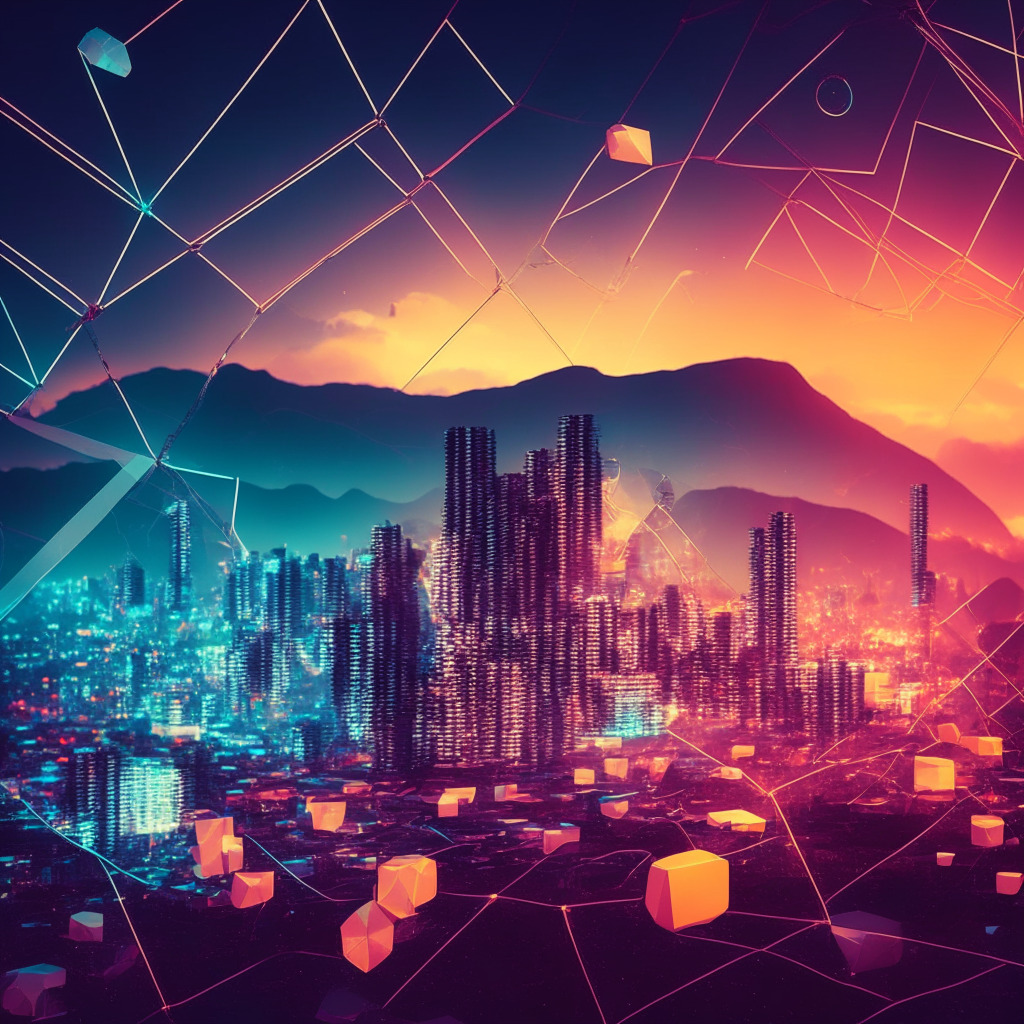 Futuristic digital finance scene from Colombia, Polygon framework, digital peso tokens floating over skyline, dusk light setting, glowing decentralised network connections. Artistic style: vibrant, hyperrealist. Mood: ambitious and provocative, hint of skepticism.