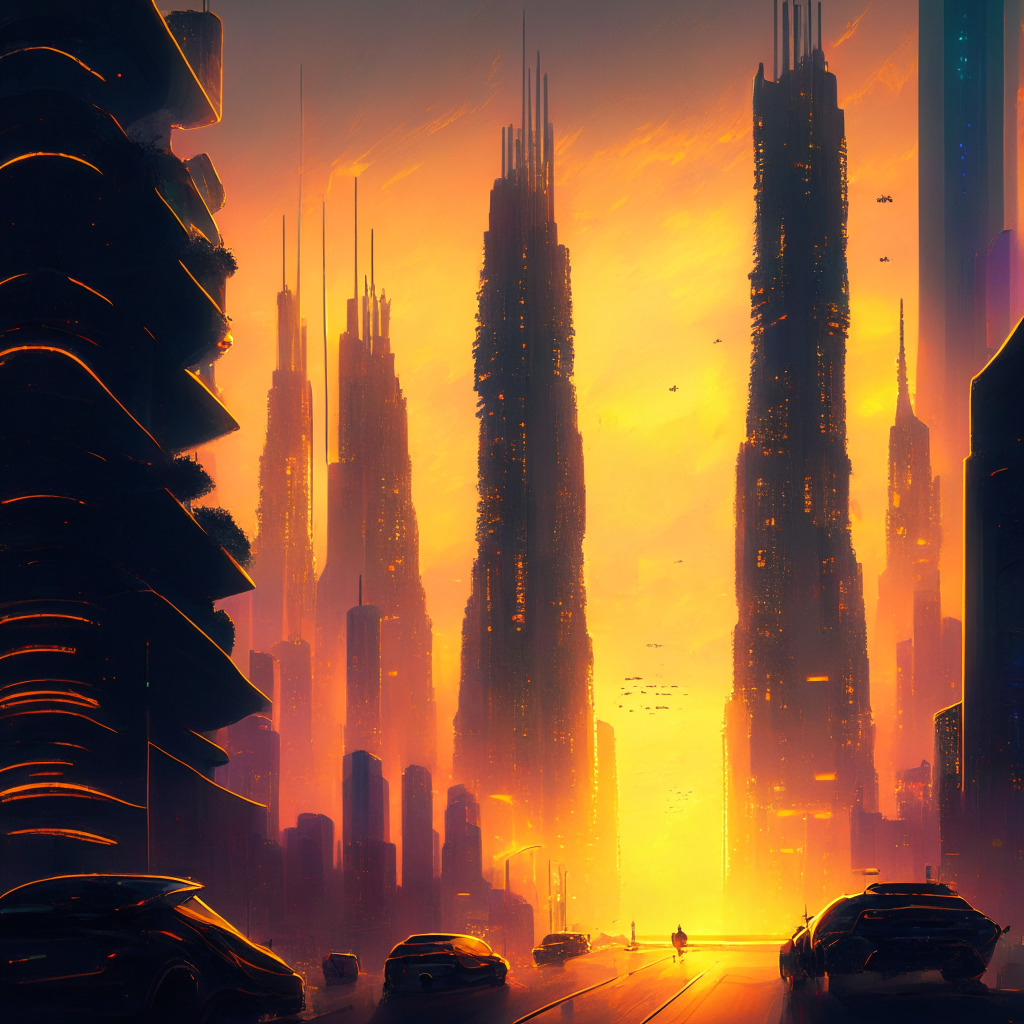 A futuristic cityscape at sunset, towering skyscrapers pulsating with lights symbolizing data centers and cloud computing. In the foreground, a sci-fi powered vehicle representing Nvidia, racing ahead, leaving a trail of intricate AI chips. The city under a golden glow indicating the AI boom, while shadowy figures in the alleys show risks and scams. Painting in a Van Gogh style to espouse an air of frenetic movement and potential chaos, adding to the tense yet exhilarating mood of the image.