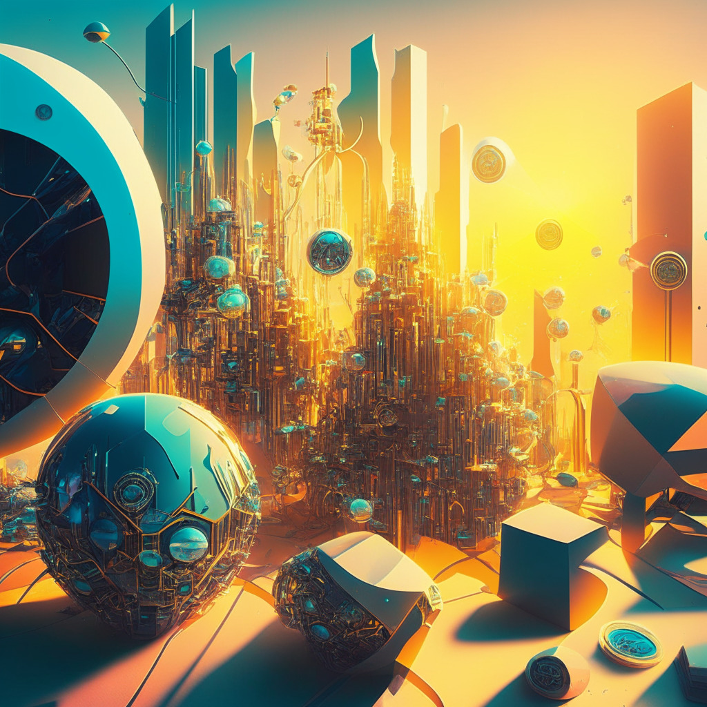 An abstract scene representing the global transition from general-purpose to AI-accelerated computing, bathed in optimistic morning light. It includes symbolic replicas of outperforming tech giants, AI platforms innovating mainstream life, and thriving AI-related cryptos. The mood is cautiously euphoric, reflecting the simultaneous potential and volatility in this AI-Crypto market surge.