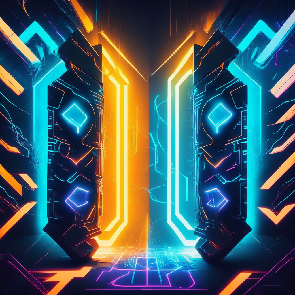 Abstract cyberspace tussle between two entities, symbolizing OP Stack and ZK Rollups, in the setting of a vibrant digital realm, akin to the sci-fi styling of Tron. Lighting predominantly binary, merging warm and cool hues, illustrating optimistic and zero-knowledge cryptography etching their places in the layer-2 blockchain technology. Image to feel futuristic, dynamic yet riddled with uncertainty.