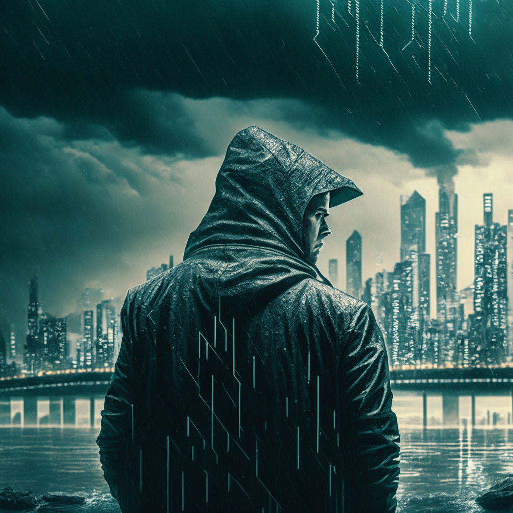 A distressed crypto lender in a gloomy, stormy setting, symbolizing Hodlnaut's troubled state. In the foreground is an intriguing bridge made of FLEX digital tokens originating from the bright, modern cityscape in the distance, representing OPNX's proposed lifeline. The image imbues a mix of futurism and film-noir style, with elements of suspense and uncertainty overhanging. A looming courthouse symbolizing the ongoing court-based restructuring, and small groups of people symbolizing creditors, skeptics, and liquidators scattered, diminishing into the stormy landscape, creating a moody ambiance.